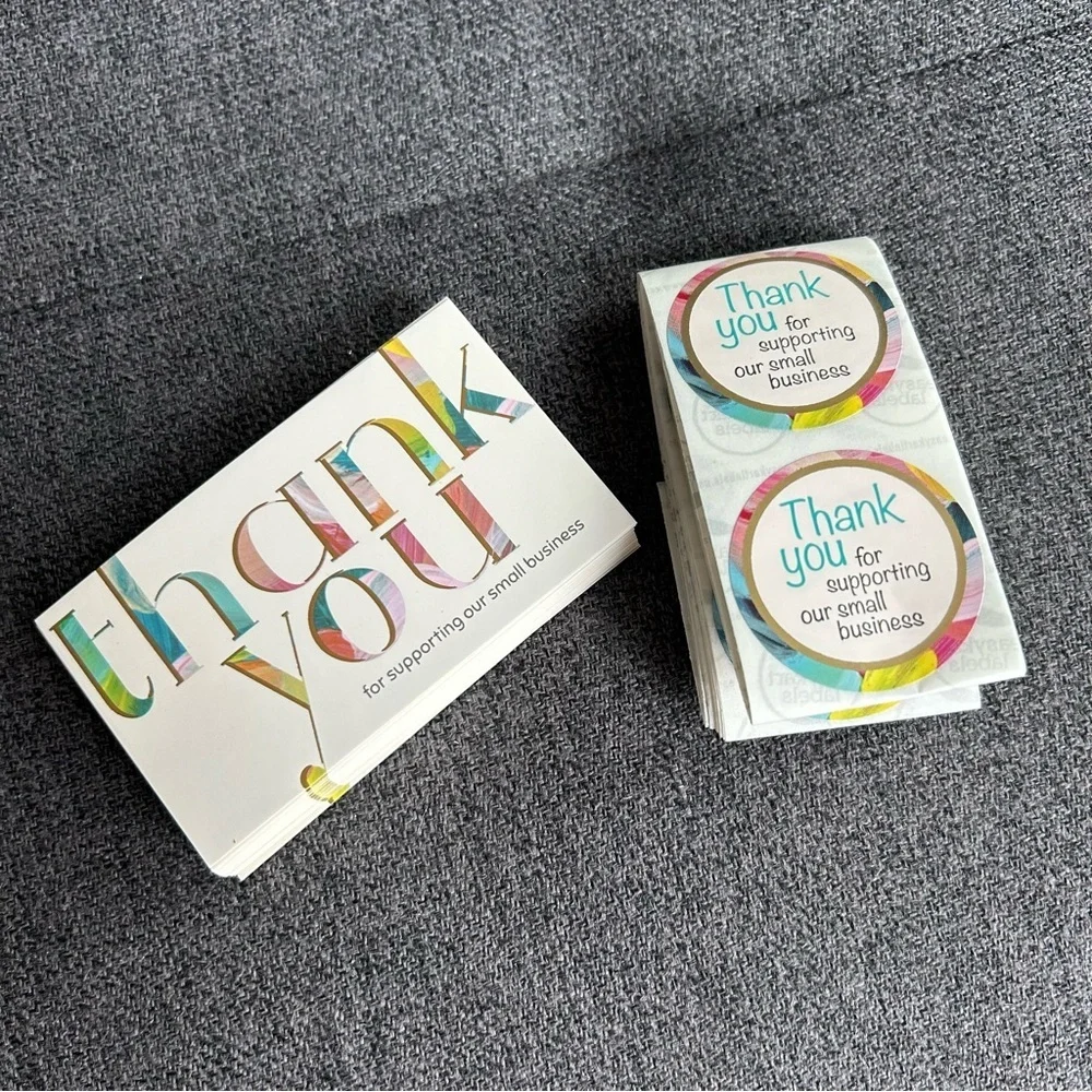 25 THANK YOU Business Cards + 25 Stickers, Starter Set, Colorful, Gold Foil